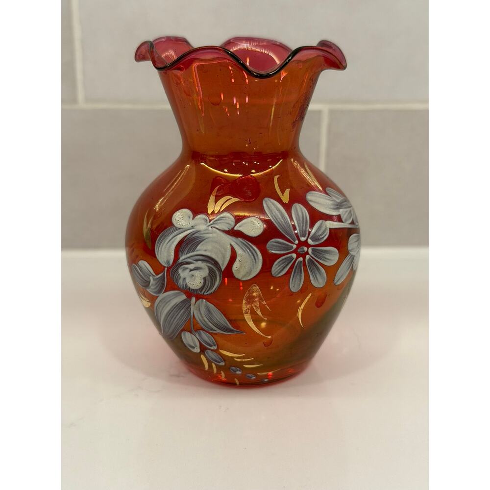 VTG Iridescent Cranberry Hand Painted Ruffled Rim Bud Vase - Picture 1 of 6